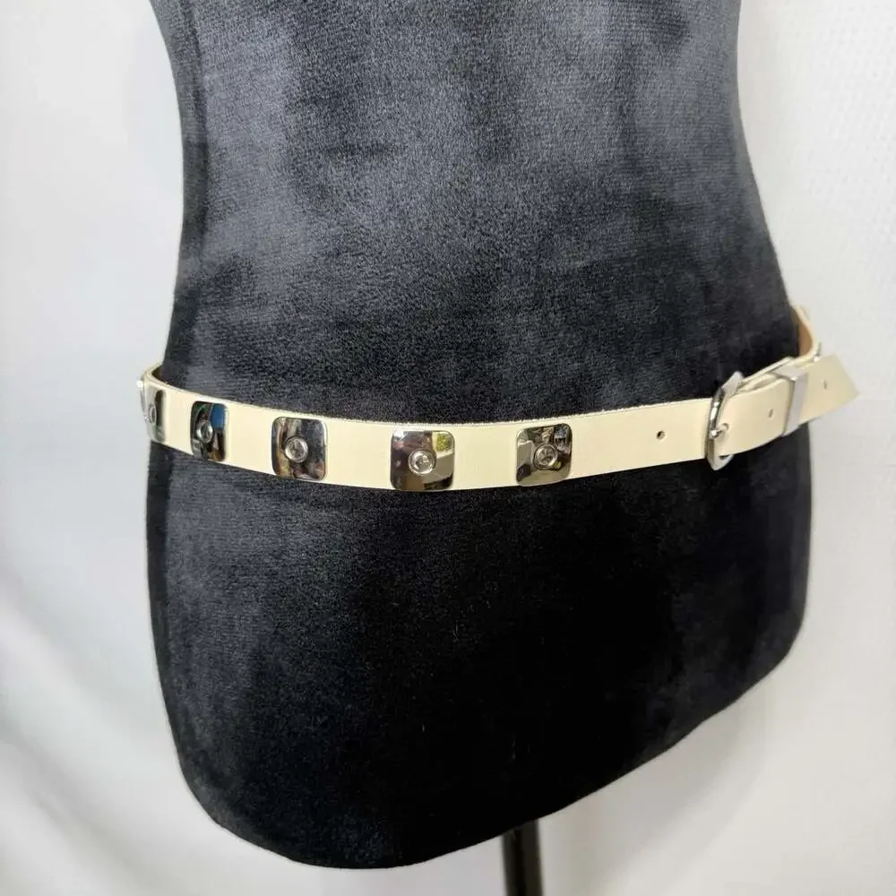 Vintage Forenza Genuine Leather Cream Studded Belt Silver Hardware Size L Rocker